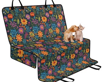 Midnight Bloom Dog Seat Cover, Floral Car Bench Seat Cover, Boho Back Seat Cover, Cute Pet Seat Cover, Car Seat Protector, Faux Embroidery
