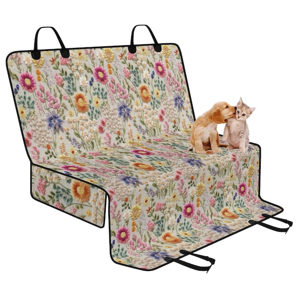 Summer Flower Bloom Pet Seat Cover for Car, Boho Floral Car Bench Seat Cover, Cottagecore Back Seat Cover Cute, Dog Hammock, Faux Embroidery