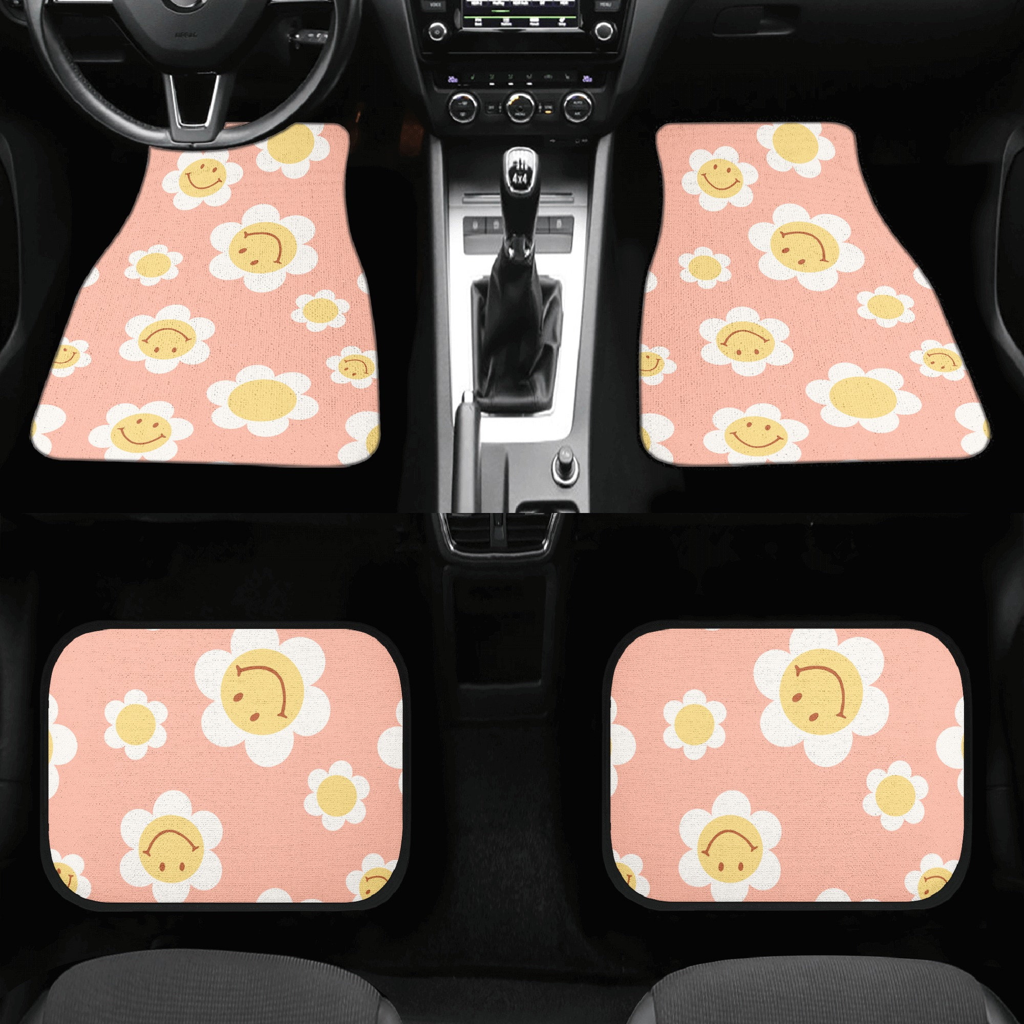 Boho Car Floor Mats, Aesthetic Y2K Smiley Face Car Floor Mats,Y2K