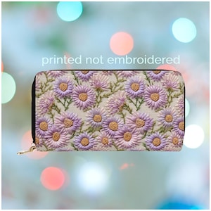 Aster Birthflower Wallet for Women Birth Flower Gift Sept Birth Month Flower Gift for Her Vegan Leather PU Zipper Wallet Faux Embroidery 9