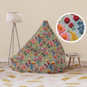 Summer Flower Cluster Bean Bag Cover Faux Embroidery, Boho Floral Bean Bag Chair Cover, Aesthetic Home Decor Gift, Living Room Furniture