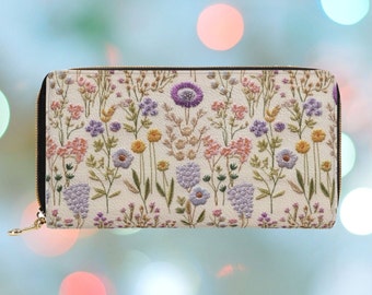 Lavender Spring Wallet for Women Faux Embroidery, Boho Floral Zipper Wallet, Cottagecore Clutch Wallet , Vegan Leather Purse, Gift for Her