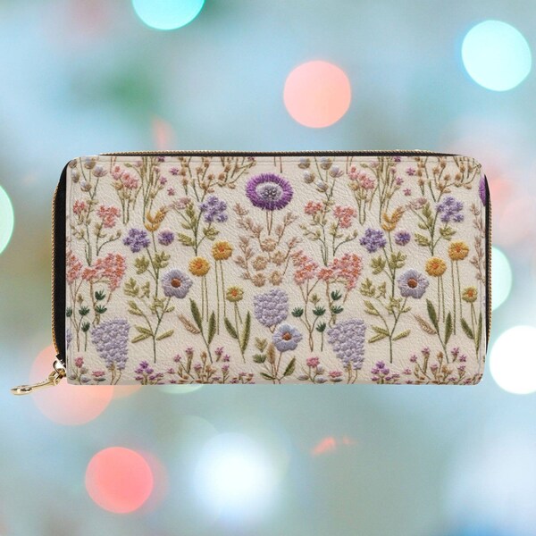 Lavender Spring Wallet for Women Faux Embroidery, Boho Floral Zipper Wallet, Cottagecore Clutch Wallet , Vegan Leather Purse, Gift for Her