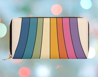 Retro Rainbow Wallet for Women, Aesthetic Zipper Wallet, Colorful Clutch Wallet with Coin Pocket, Vegan Leather Purse Cute, Gift for Her