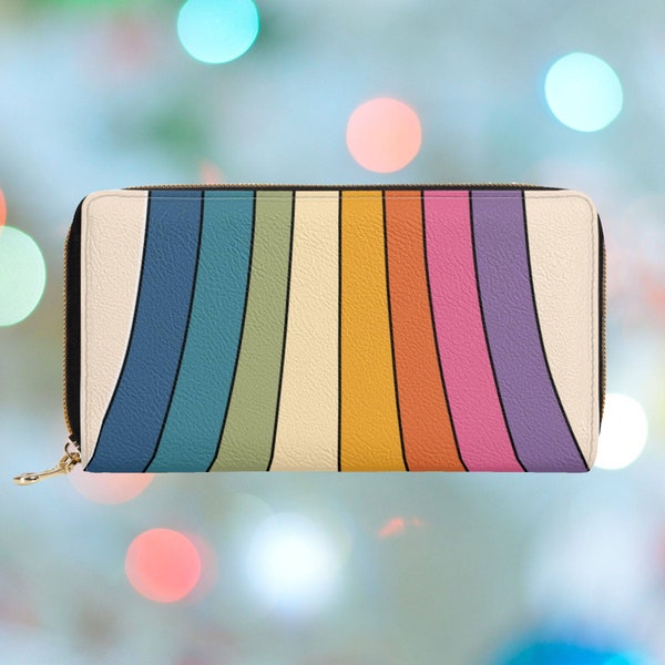 Retro Rainbow Wallet for Women, Aesthetic Zipper Wallet, Colorful Clutch Wallet with Coin Pocket, Vegan Leather Purse Cute, Gift for Her
