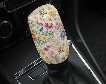 Summer Flower Bloom Shift Knob Cover Faux Embroidery, Boho Floral Car Shifter Gear Cover, Cottagecore Car Interior Decor, Shifter Knob Cover