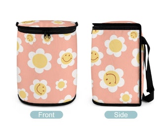 Smiling Flower Car Trash Bag, Hippie Floral Car Trash Can with Lid, Waterproof Garbage Bag for Car Leakproof, Cute Aesthetic Car Decor