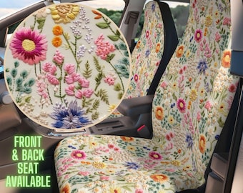 Summer Flower Bloom Car Seat Covers Cottagecore, Boho Floral Car Decor Aesthetic, Faux Embroidery