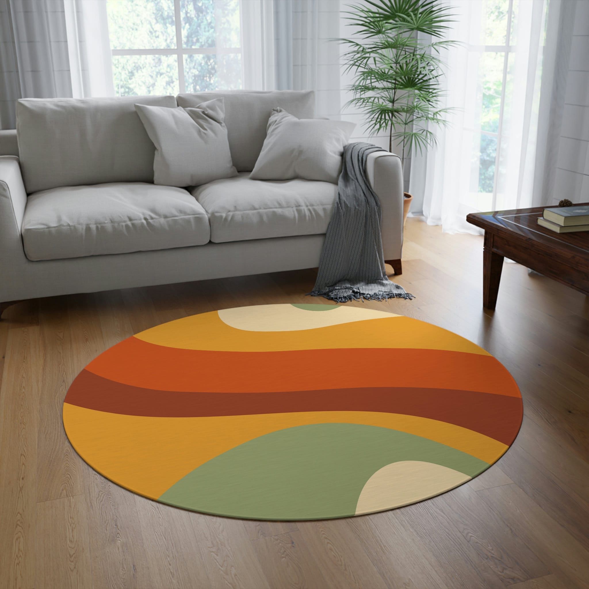 Runder Retro-Teppich mit geschwungenem Wellenmuster: Schwungvolles Kurvendesign im 70er-Jahre-Stil, orangefarbene Akzente