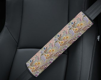 Lavender Cottagecore Seat Belt Cover, SeatBelt Cover Cute, Boho Floral Car Seat Belt Strap Cover, Aesthetic Car Decor Gift, Faux Embrodiery