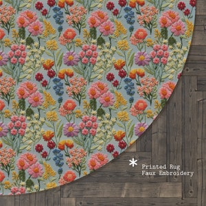 Floral Round Area Rug: Faux Embroidery Cottagecore Rug