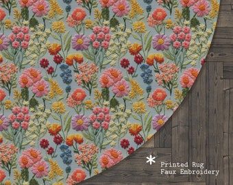 Summer Flower Cluster Round Rug Faux Embroidery, Boho Floral Area Rug Colorful, Cottagecore Floor Mat,Wildflower Rug for Living Room Bedroom