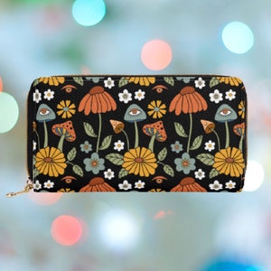Carteira com zíper de cogumelo, carteira feminina preta, carteira de couro vegano fofa para mulheres, bolsa de bruxa boho cottagecore, carteira grande, presente para ela