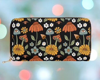 Mushroom Zipper Wallet, Women's Wallet Black, Cute Vegan Leather Wallet for Women, Cottagecore Boho Witchy Purse, Large Wallet, Gift for Her
