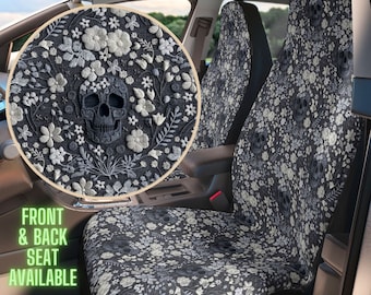 Floral Skull Car Seat Cover for Vehicle Full Set Faux Embroidery, Car Seat Covers for Women, Gothic Flower Seat Cover Black, Car Gift