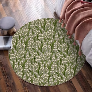 Maiglöckchen Runder Bodenmatte Bunter Wildblumenteppich Blumenakzentteppich Grün Schwammweicher Teppich für Schlafzimmer-Kinderzimmer-Kunststickerei