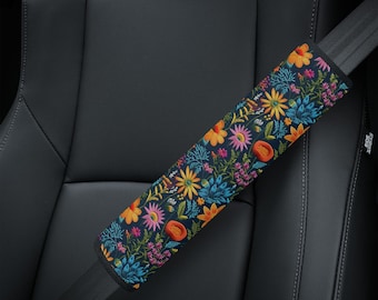 Midnight Bloom Floral Car Seat Belt Cover, Boho Floral Cute Seat Belt Cover, Cottagecore Seat Belt Pad, Car Gift for Her, Faux Embroidery