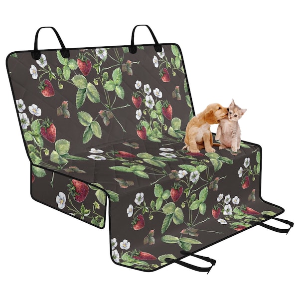 Strawberry Floral Pet Seat Cover for Car, Boho Botanical Dog Seat Cover, Car Bench Back Seat Cover, Car Dog Hammock, Cottagecore Car Decor