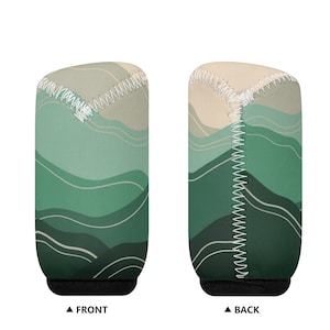 May include: Two neoprene shift boot covers with a landscape design. The covers display a pattern of layered green and beige waves, white stitching, and a black base. The front and back are labelled.