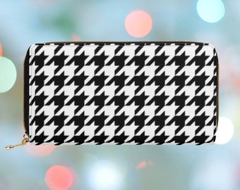 Houndstooth Wallet for Women, Elegant Zipper Wallet, Black & White Large Wallet with Coin Pocket, Faux Leather Wallet Vegan, Gift for Her