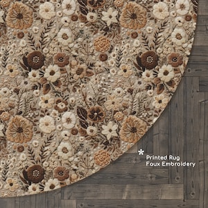 Boho Floral Round Rug: Earthy Beige Brown Faux Embroidery