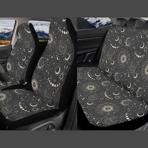 占星術カーシートカバーフルセット、女性用ボヘミアン天体シートカバー、車用ブラックシートカバー、占星術、太陽と月