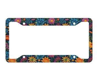 Midnight Bloom License Plate Frame Cute, Floral License Plate Frames for Women, Boho Car Plate, Car Gift for Her, Faux Embroidery