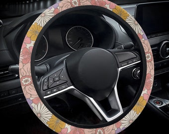 Funda de volante con flores bohemias para mujer, color rosa, con diseño floral, estilo cottagecore, estilo bohemio, decoración estética para coche.