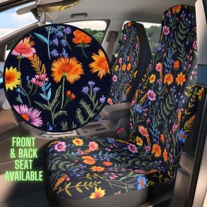 Midnight Wildflowers Seat Cover for Vehicle Full Set, Floral Car Seat Covers for Women, Car Seat Cover Set, Cute Car Decor, Faux Embroidery