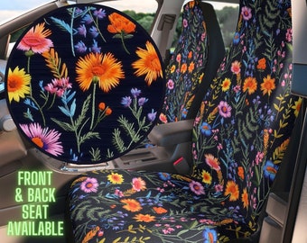 Midnight Wildflowers Seat Cover for Vehicle Full Set, Floral Car Seat Covers for Women, Car Seat Cover Set, Cute Car Decor, Faux Embroidery
