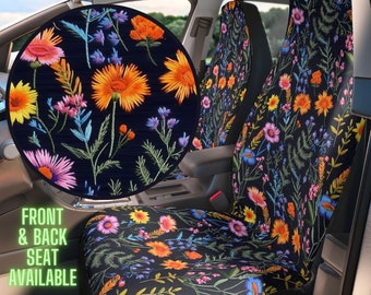 Funda de asiento de coche con diseño de flores silvestres de medianoche, decoración bohemia con motivos florales cottagecore para vehículo, bordado falso