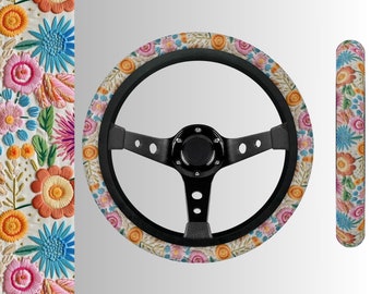 ピンクの花柄刺繍入りステアリングホイールカバー、ボヘミアンシックな