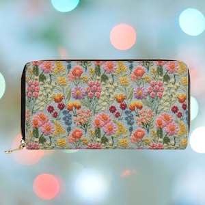 Summer Flower Cluster Wallet for Women Printed Faux Embroidery, Cottagecore Zipper Wallet, Boho Floral Clutch Wallet Vegan Leather Gift