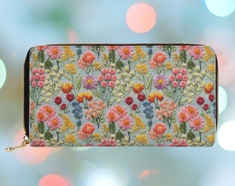 Portefeuille à grappes de fleurs d'été pour femme, fausse broderie imprimée, portefeuille à fermeture éclair cottagecore, pochette pochette florale bohème cadeau en cuir végétalien