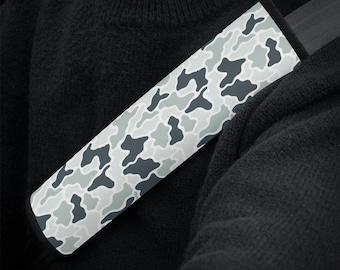 Monochrome Camo Car Seat Belt Cover, Cute Car Seat Belt Pad, Gray Car Accessories, White Car Decor Camouflage