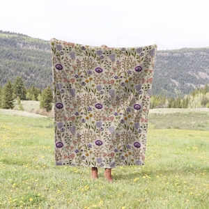 Lavender Spring Throw Blanket Gift, Floral Blanket, Cottagecore Fleece Blanket Soft, Purple Queen Size Blanket,Baby Blanket, Faux Embroidery