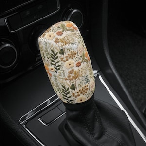 Cottagecore Flower Meadow Shift Knob Cover for Women, Floral Car Shifter Gear Cover Cute, Green Gear Shifter Cover, Faux Embroidery