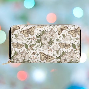Cartera WildFlower Moth para mujer, cartera con cremallera Cottagecore floral, cartera Lunar Moth con monedero, cartera de cuero vegano, regalo para ella