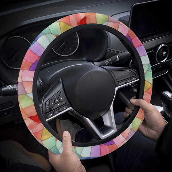 Pastel Rainbow Mosaic Steer Wheel Cover, Colorful Car Wheel Cover for Women, Fun Steering Wheel Cover Cute, Boho Car Decor Gift for Her