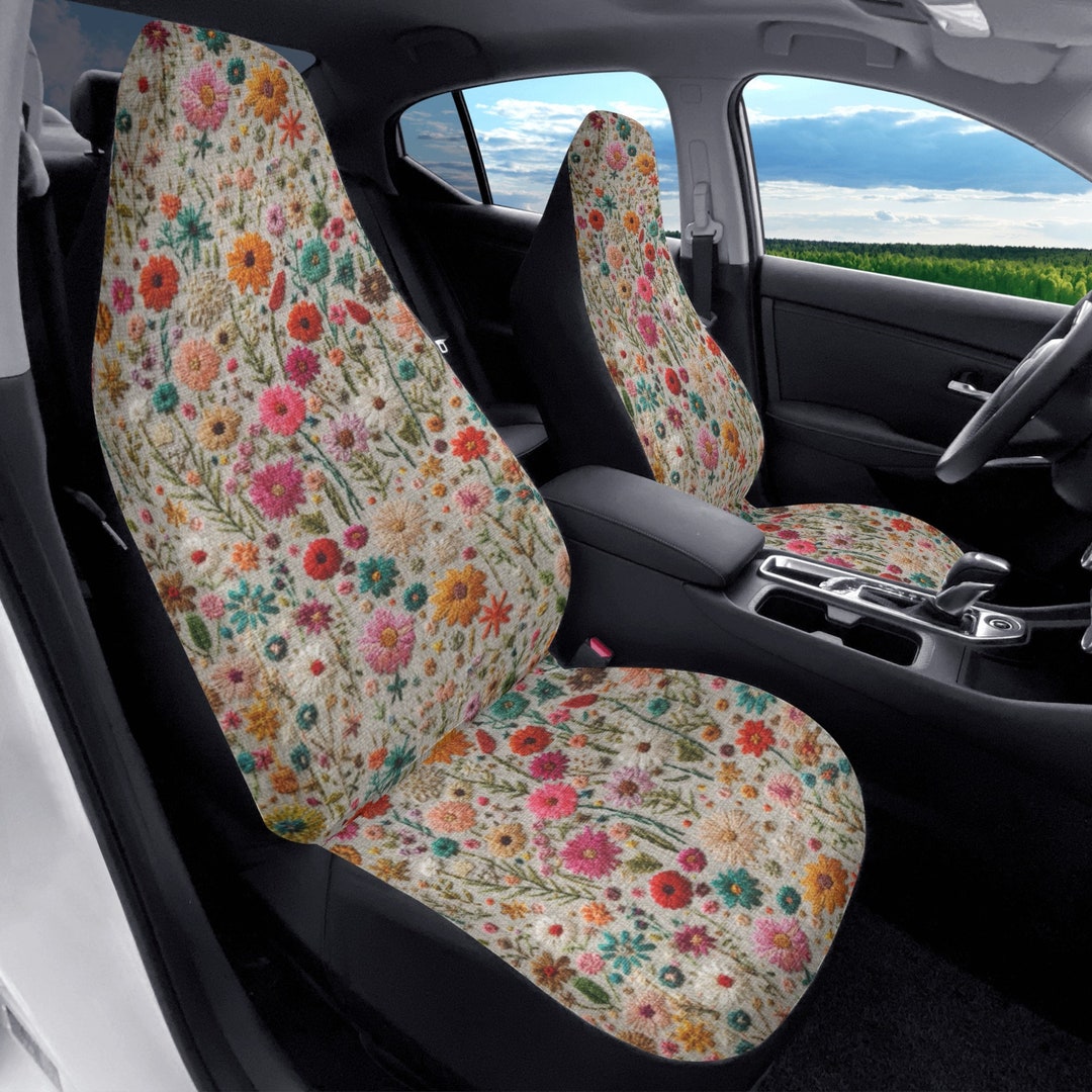 Summer Flowers Car Seat Cover for Vehicle Full Set, Faux Embroidery Car  Seat Covers for Women, Boho Floral Cotagecore Car Decor, Car Gift 