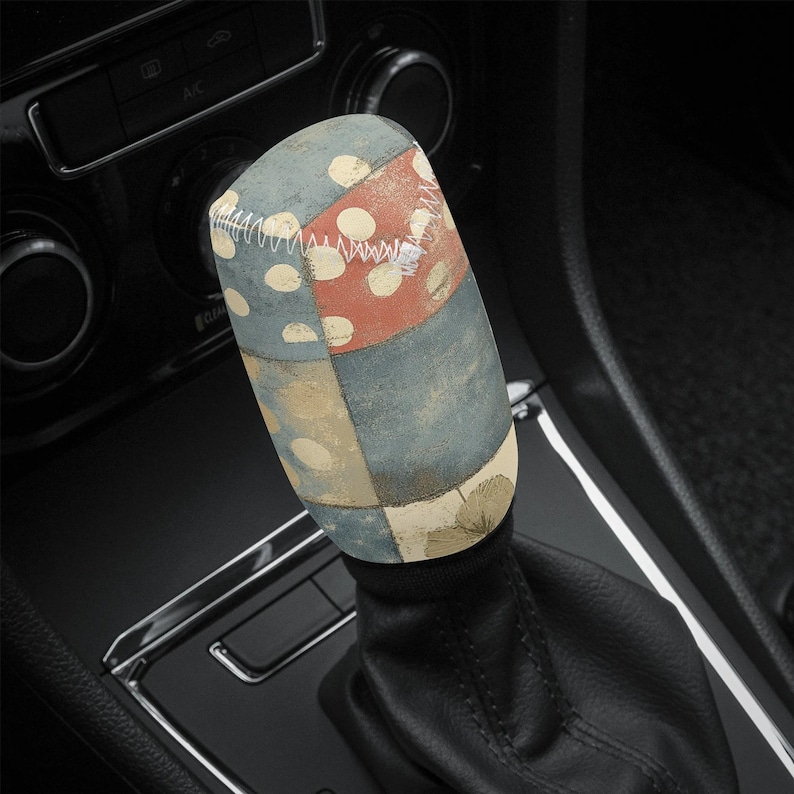 Patchwork Blue Car Gear Shift Cover, Shift Knob Cover, Boho Car Shifter Gear Cover, Shifter Knob Cover, Cute Car Accessories image 1