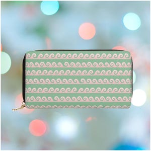 Portefeuille vague de surf pour femme Portefeuille vert à fermeture éclair avec poche pour pièce de monnaie Sac à main en cuir végétalien PU Joli cadeau végétalien Cadeau de surf pour surfeur