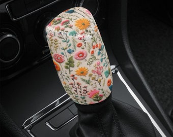 Tiny Wildflowers Shift Knob Cover, Boho Floral Car Shifter Gear Cover, Cottagecore Shifter Knob Cover, Car Gift for Her, Faux Embroidery