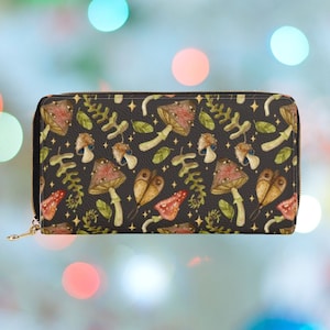 Cartera con cremallera de hongo, cartera para mujer, estilo cottagecore oscuro, bonita cartera de cuero vegano para mujer, monedero con cremallera, cartera grande, regalo para ella