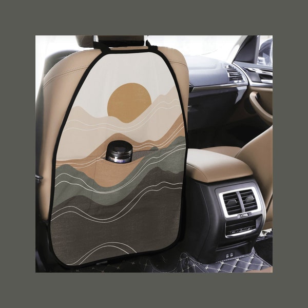 Boho Sun & Sea seat Tidies, Landscape Art Kick Pad for Car Waterproof,  Front Seat Protector, Multi Pocket Backrest Hanging Organizer Beige