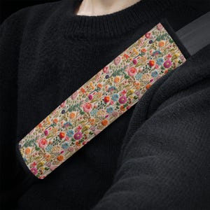 Rainbow Flower Meadow Seat Belt Cover, Cottagecore SeatBelt Cover, Boho Floral Car Seat Belt Strap Cover, Car Decor Gift, Faux Embroidery
