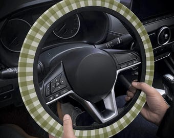 Gingham Green Car Steering Wheel Cover, Green Checkers Car Decor Accessories