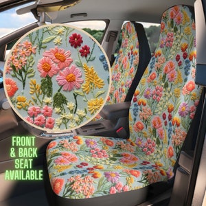 Summer Flower Cluster Car Seat Cover for Vehicle Full Set Faux Embroidery, Car Seat Cover for Women, Boho Floral Cotagecore Car Decor, Gift