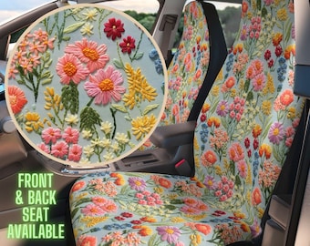 Summer Flower Cluster Car Seat Cover Set, Boho Floral Cottagecore Car Accessories, Faux Embroidery
