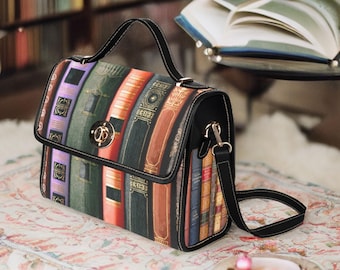 Vintage Book Spines Satchel Book Purse Bookish Vegan Leather Bag, Dark Academia Handbag Bookshelf